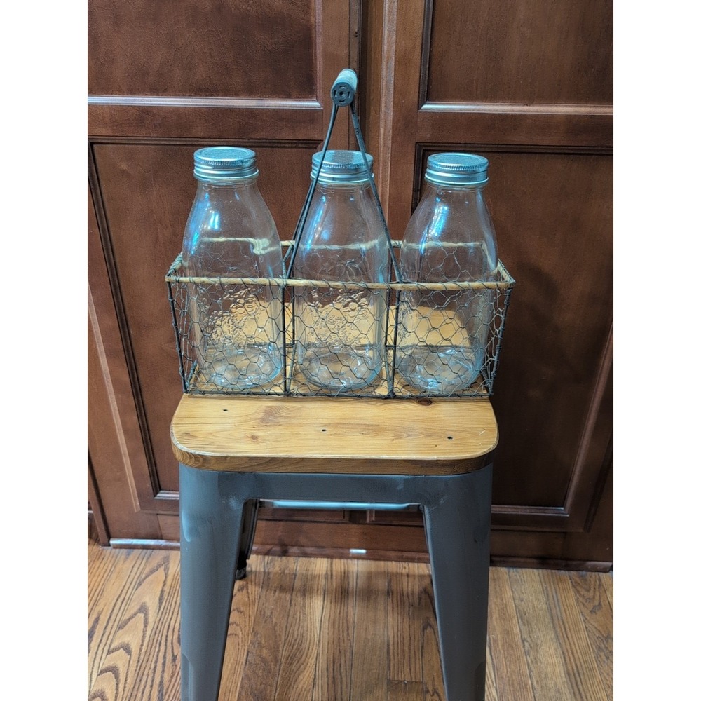 Retro Wire Basket W/ Wood Handle 3 Glass Bottles‎ Lids Primitive Farmhouse Decor